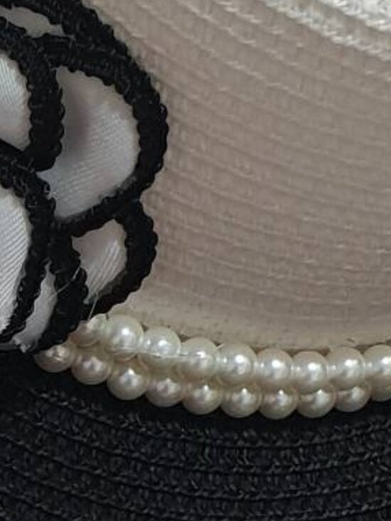 Fashion Black White Boater Straw Pearls Flowers Hat Woman Formal Accessory Gift